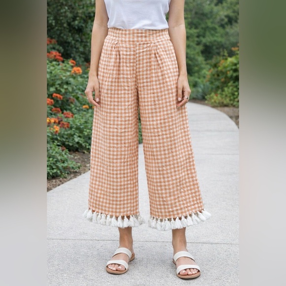 Adrienne Orange Gingham Wide-Leg Pants with Tassels - Picture 2 of 10